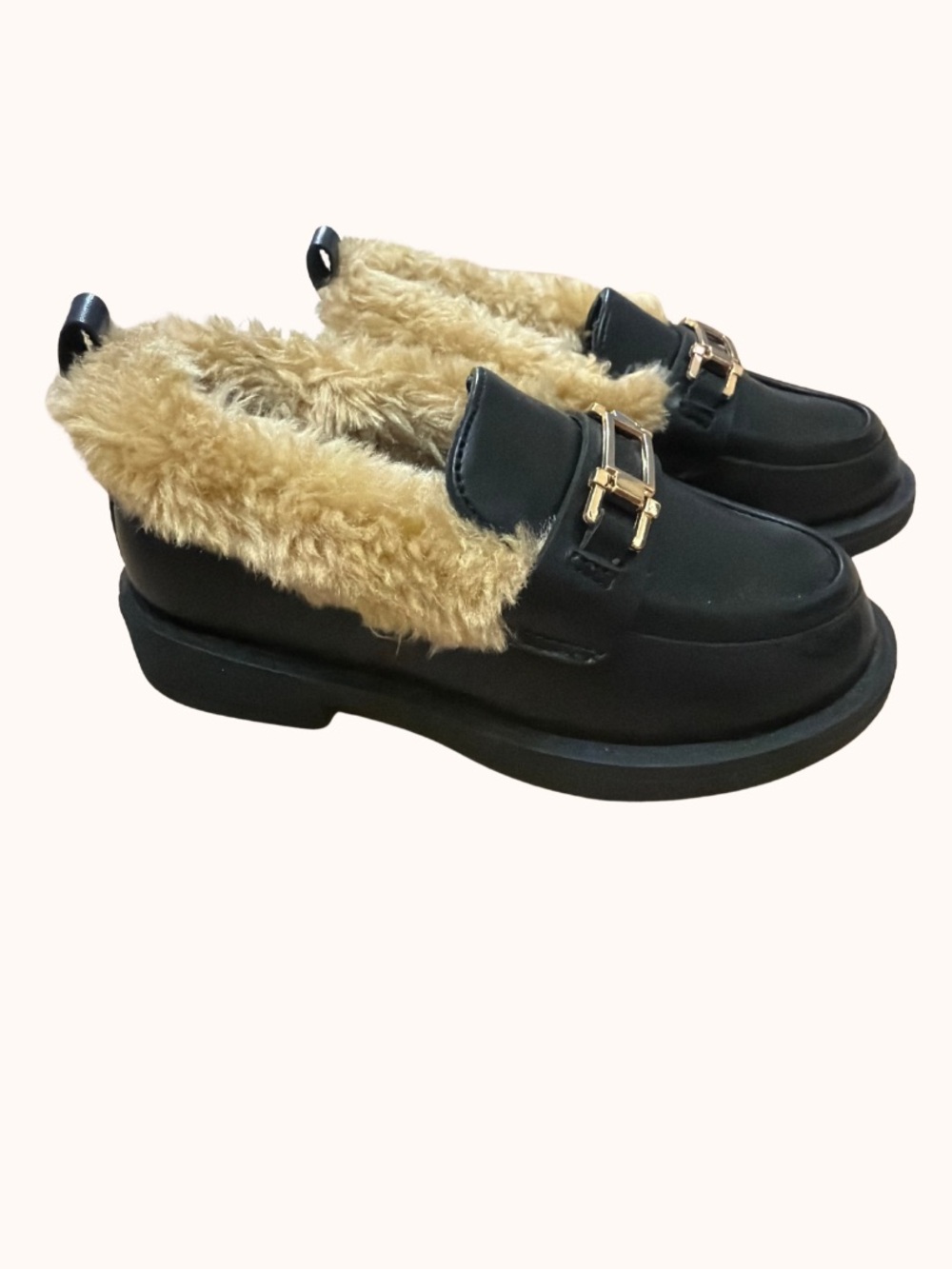 GAP Black Loafers with Tan Faux-Fur Trim and Gold Buckle